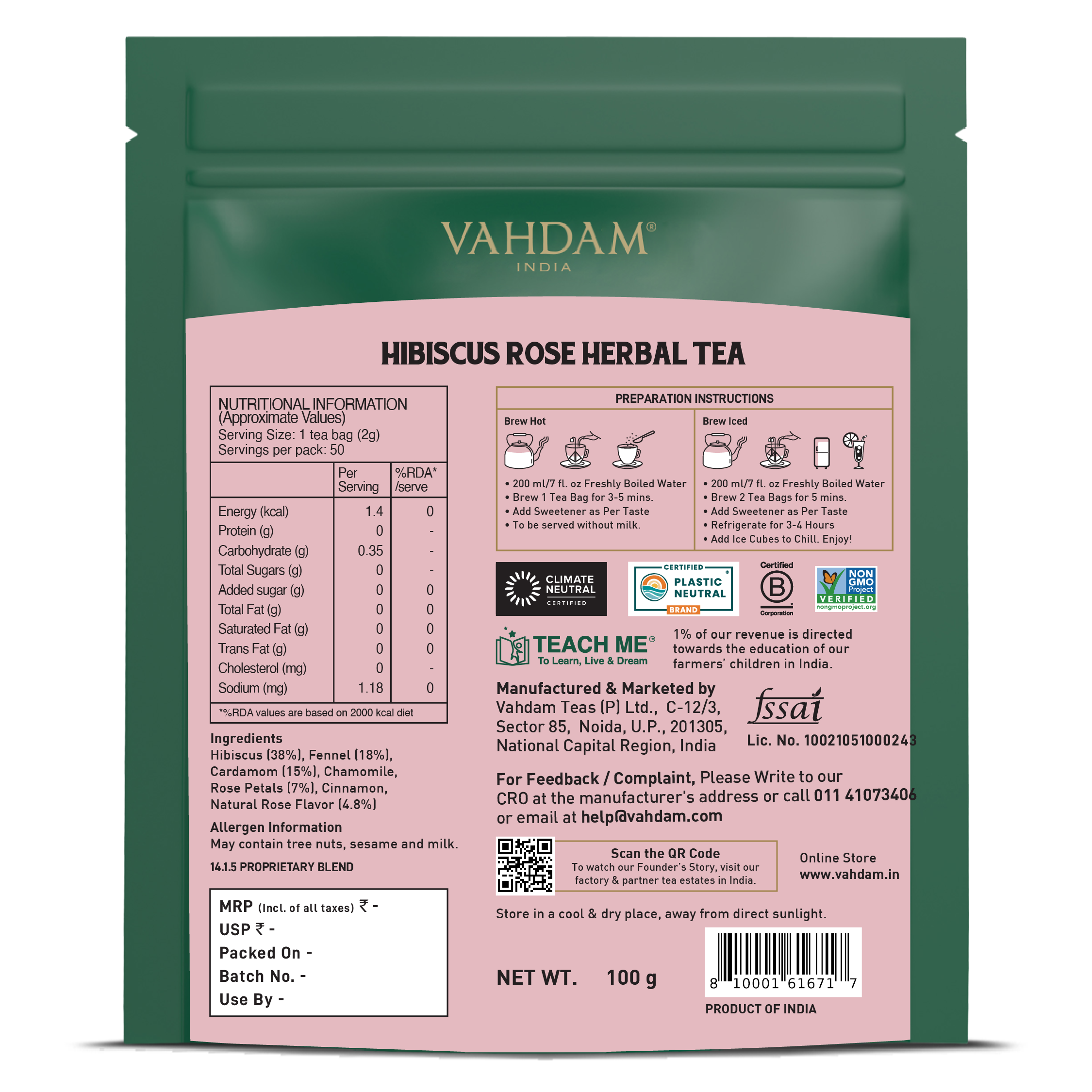 Hibiscus Rose Herbal Tea - 50 Count