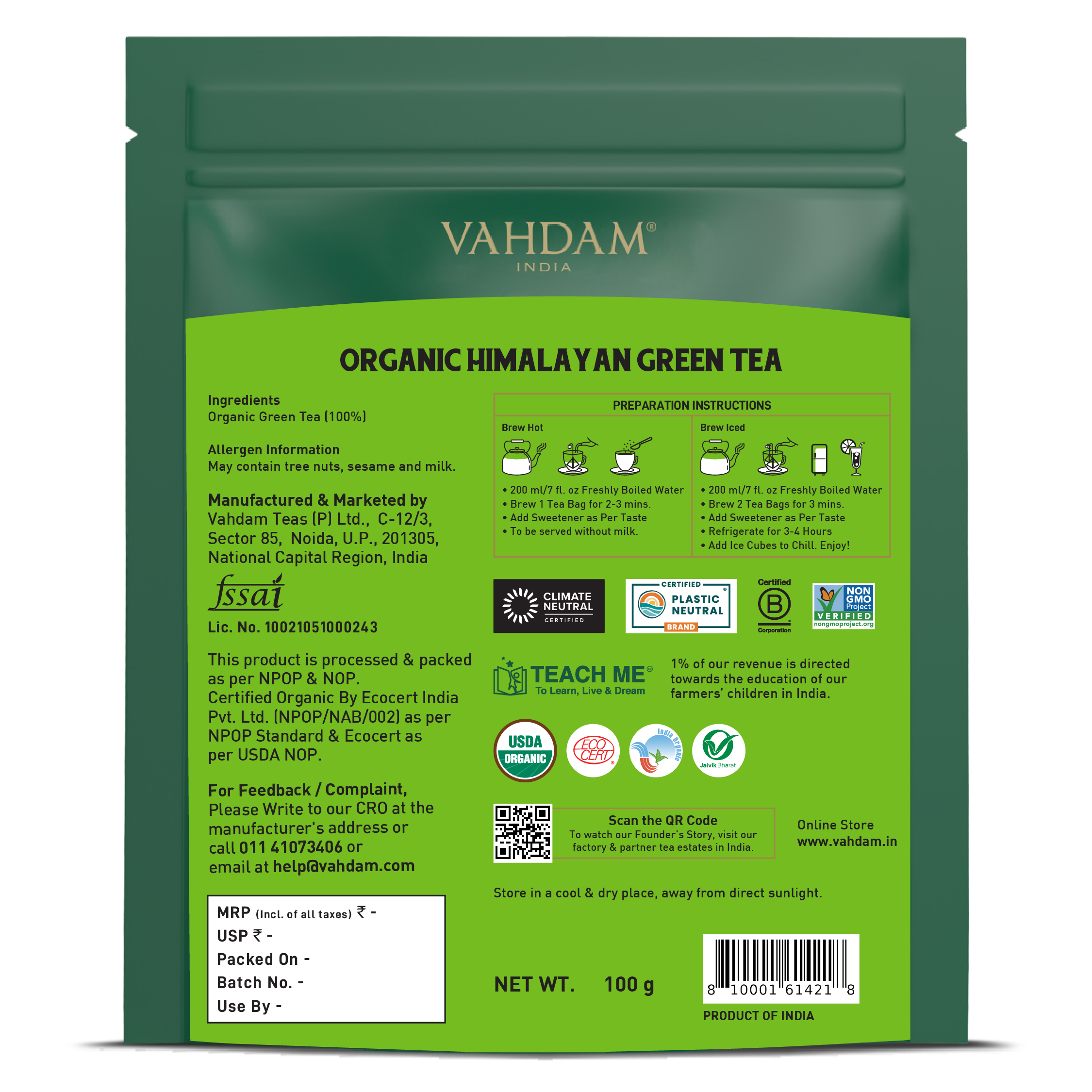 Organic Himalayan Green Tea, 50 Count