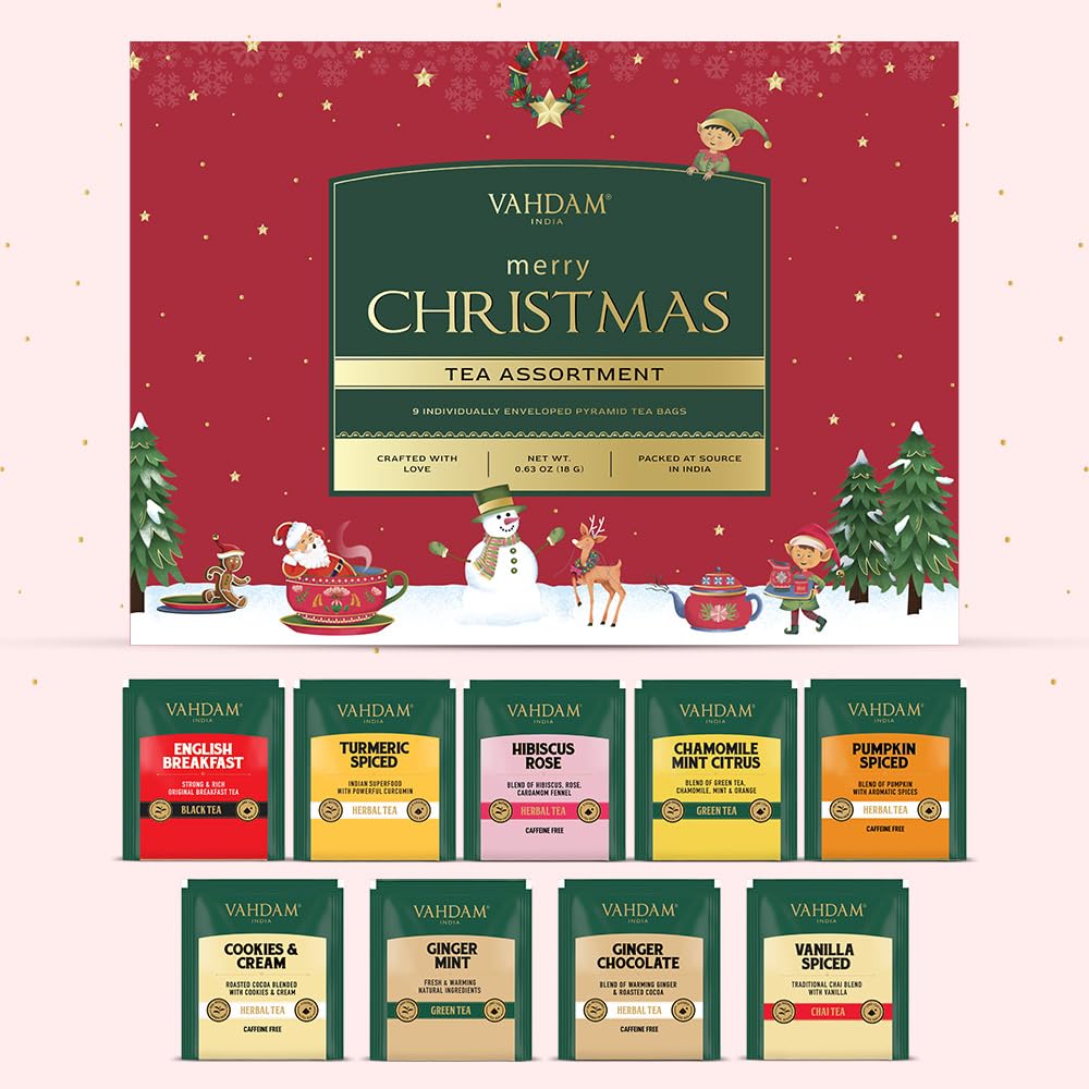 Christmas Tea Gift Set, 9 Individually Wrapped Tea Bags