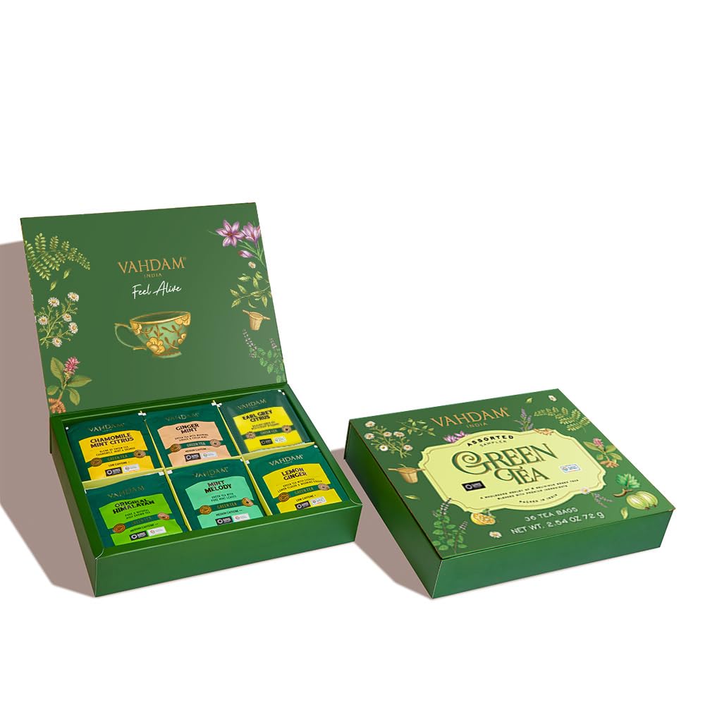 Green Tea Assortment Gift Set, 6 Flavors, 6 Pyramid Tea Bags Each