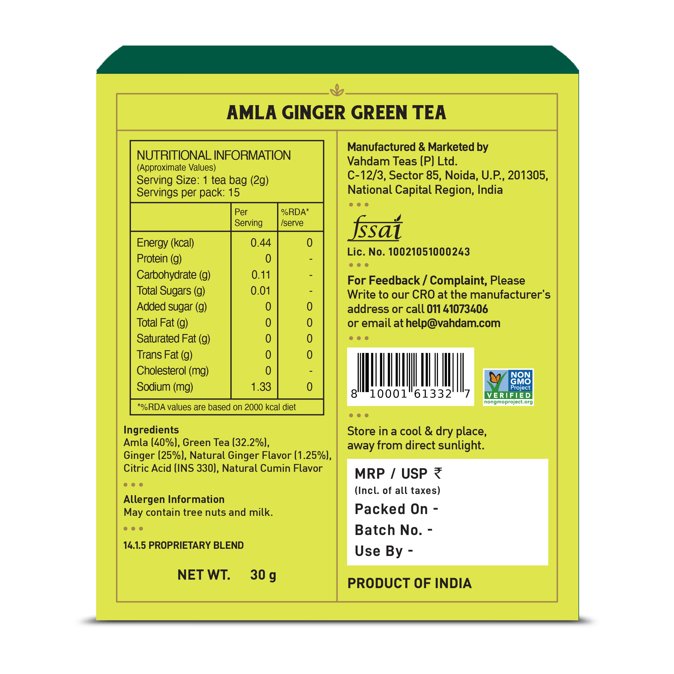 Amla Ginger Green Tea -  15 Count