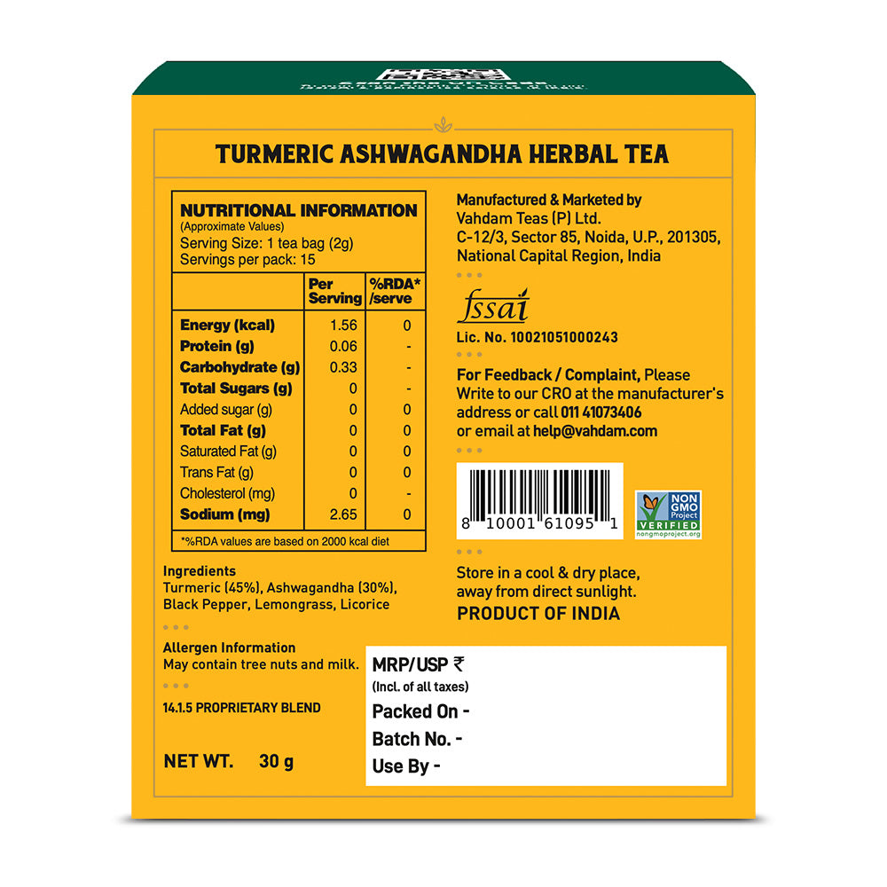 Turmeric Ashwagandha Herbal Tea Tisane, 15 Count