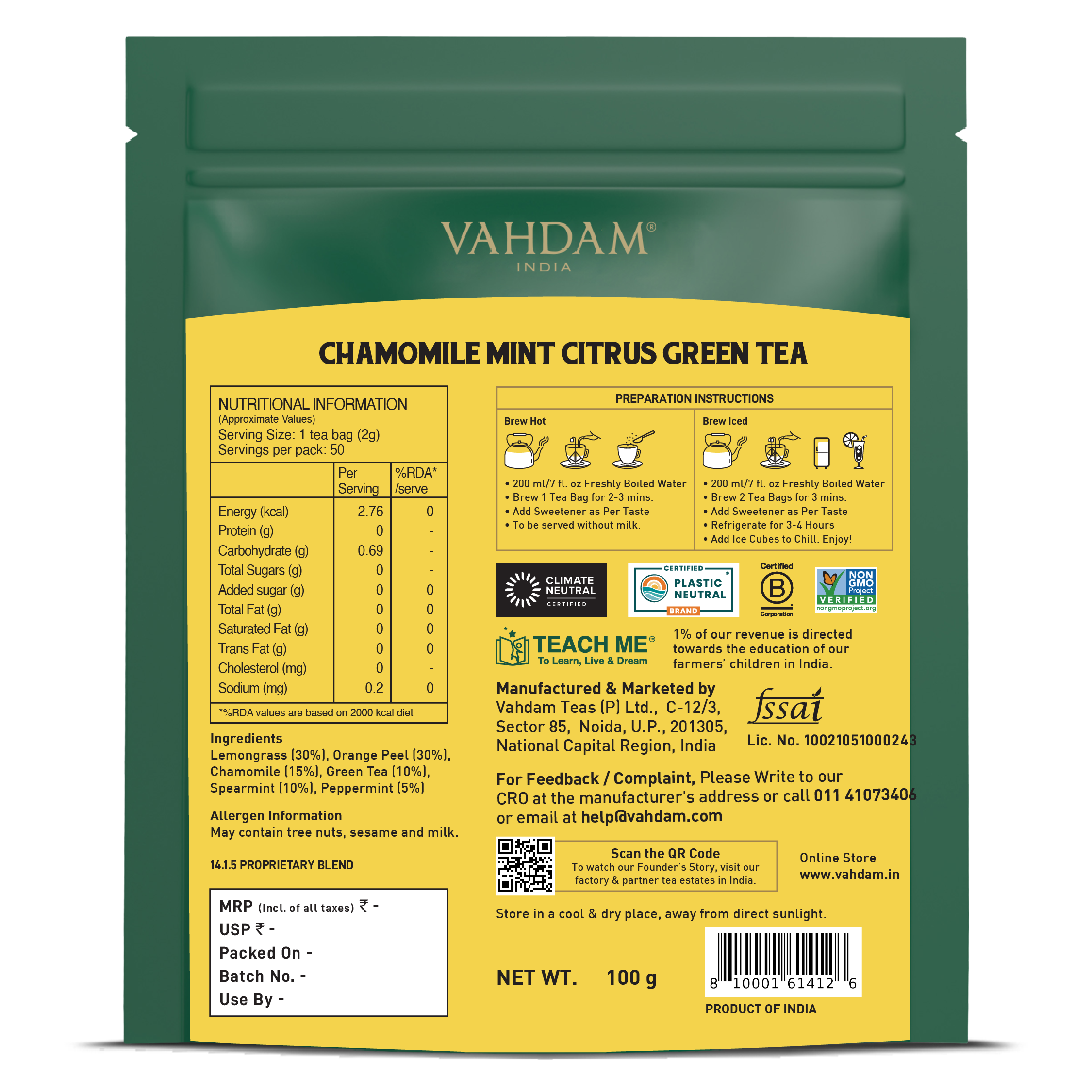 Chamomile Mint Citrus Green Tea, 50 Count