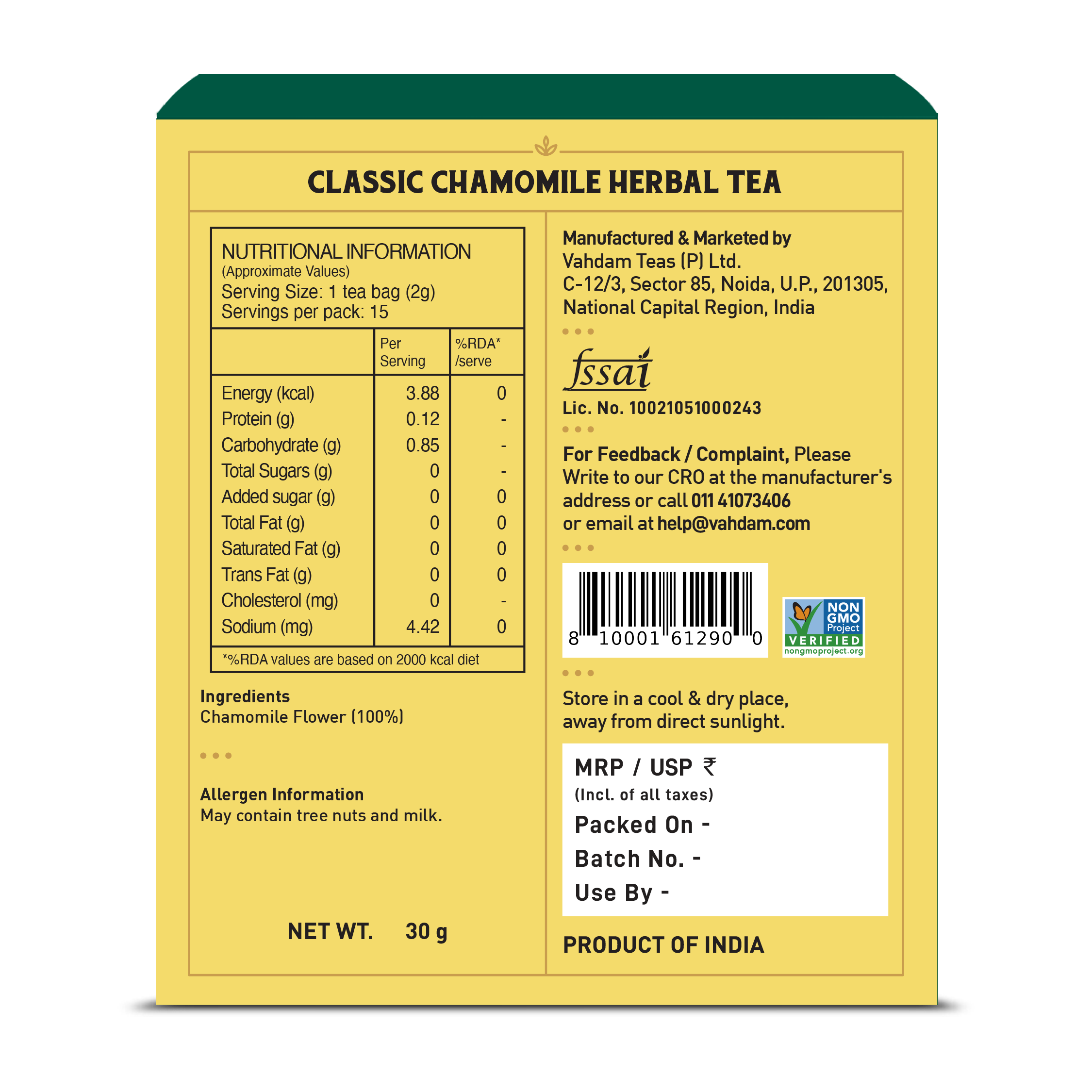 Classic Chamomile Herbal Tea Tisane, 15 Count