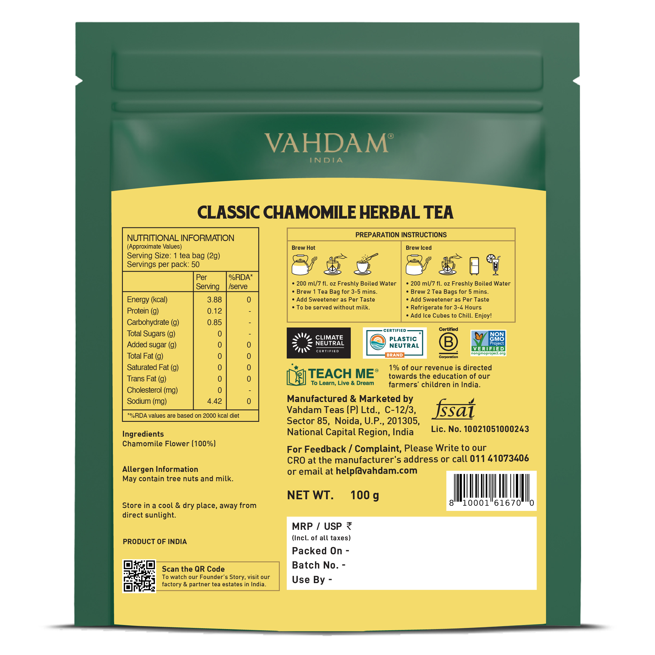 Classic Chamomile Herbal Tea Tisane, 50 Count