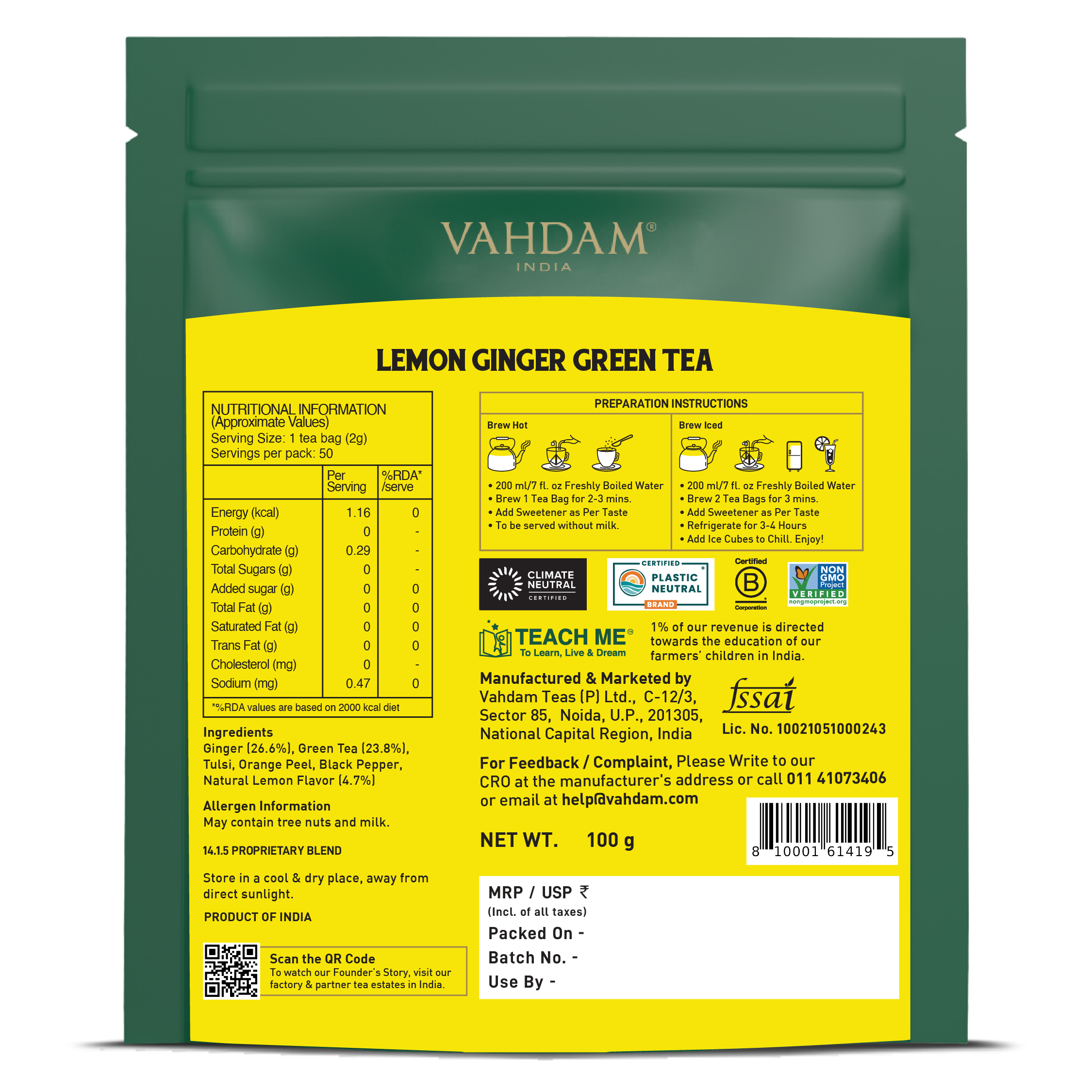 Lemon Ginger Green Tea, 50 Count