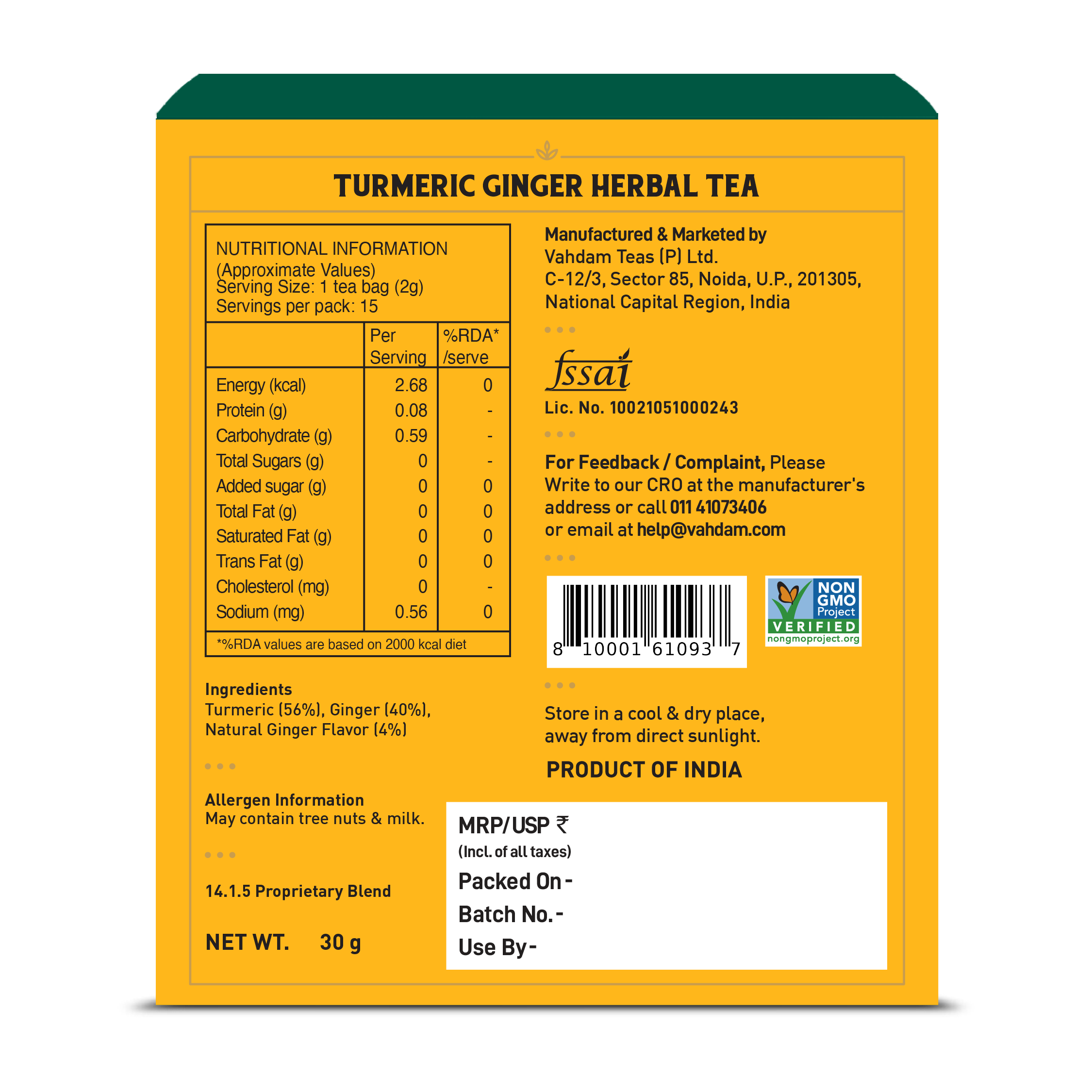 Turmeric Ginger Herbal Tea Tisane, 15 Count