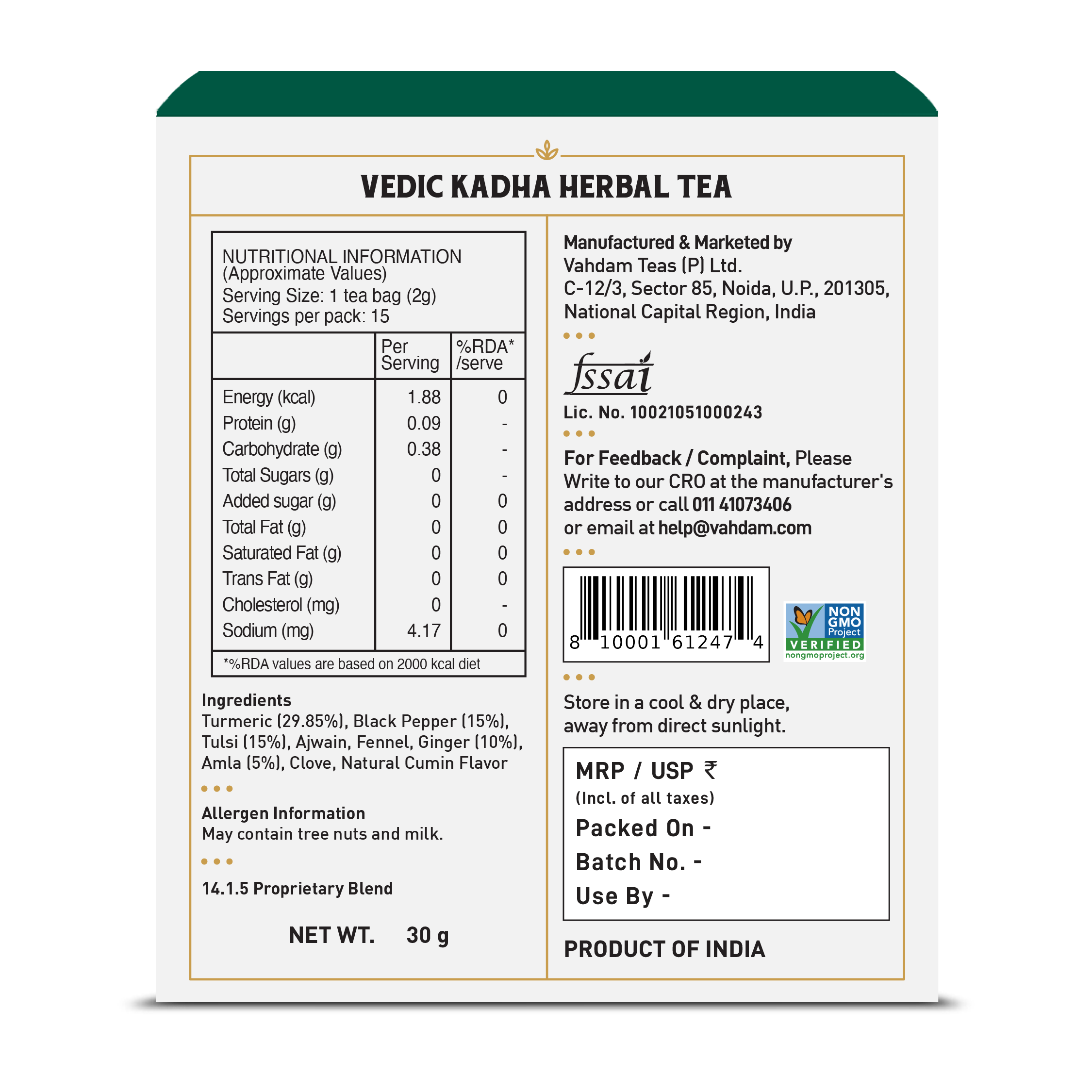 Vedic Kadha Herbal Tea Tisane, 15 Count