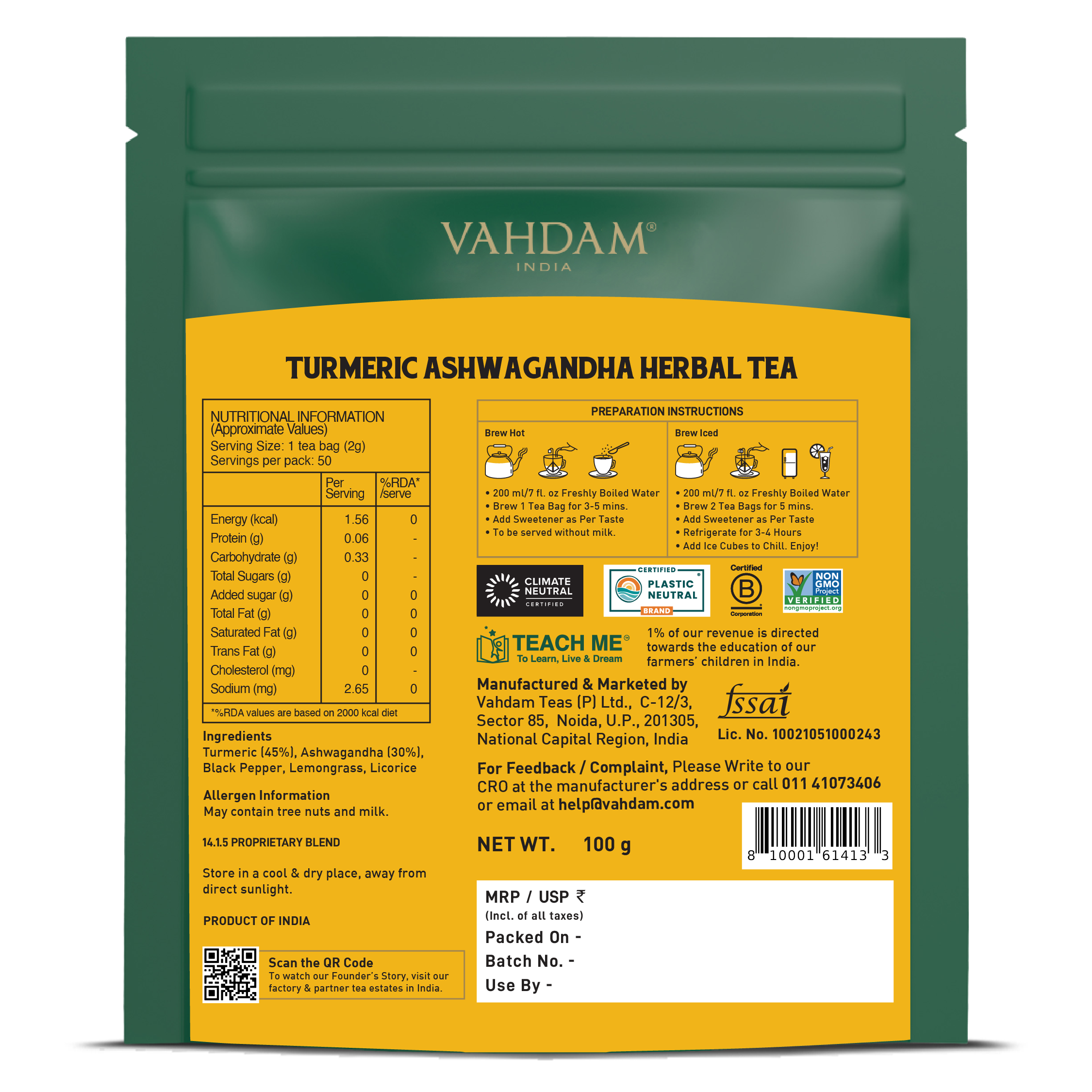 Turmeric Ashwagandha Herbal Tea Tisane, 50 Count