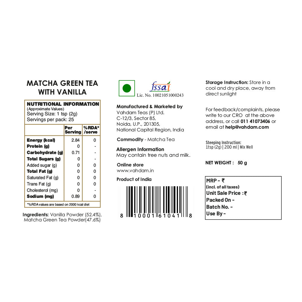 Vanilla Matcha Green Tea Powder, 50 gm